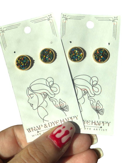 8MM Hypoallergenic Gold with Multi-Colored Sparkle Druzy Earring Studs