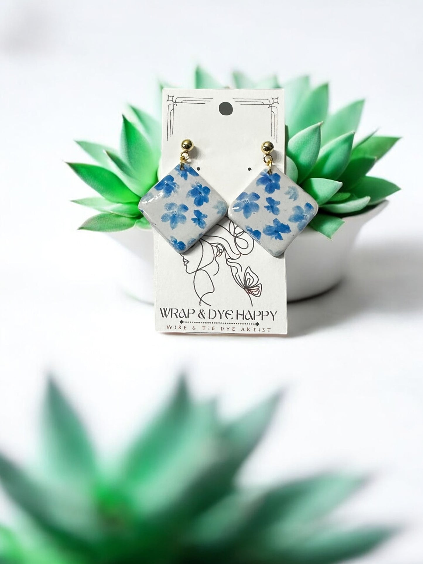 Hypoallergenic Blue Wildflower Floral Teardrop Clay Dangle Earrings