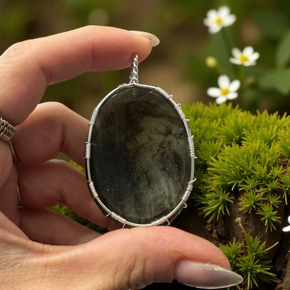 Sterling Silver Wire Wrapped Labradorite Worry Stone Crystal Pendant