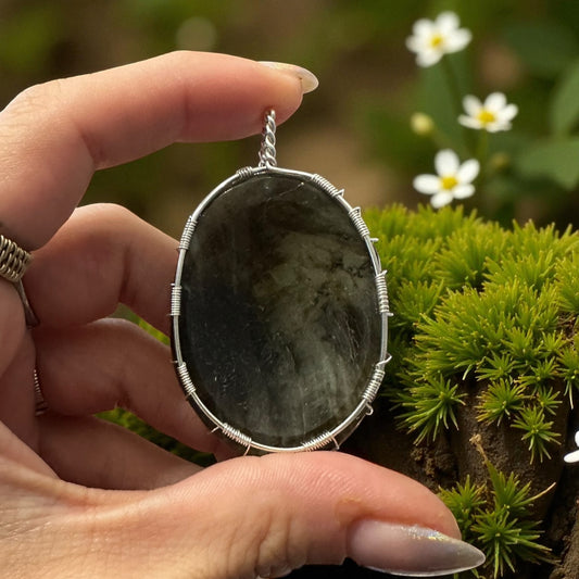 Sterling Silver Wire Wrapped Labradorite Worry Stone Crystal Pendant