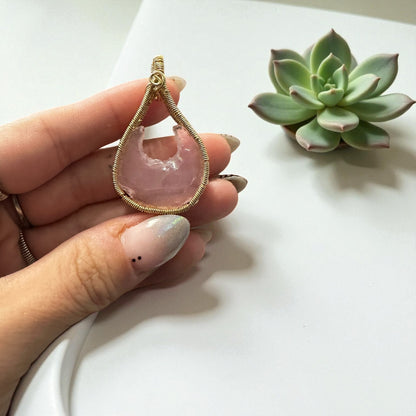 14kt Gold Filled Wire Wrapped Rose Quartz Moon Crystal Bezel Pendant