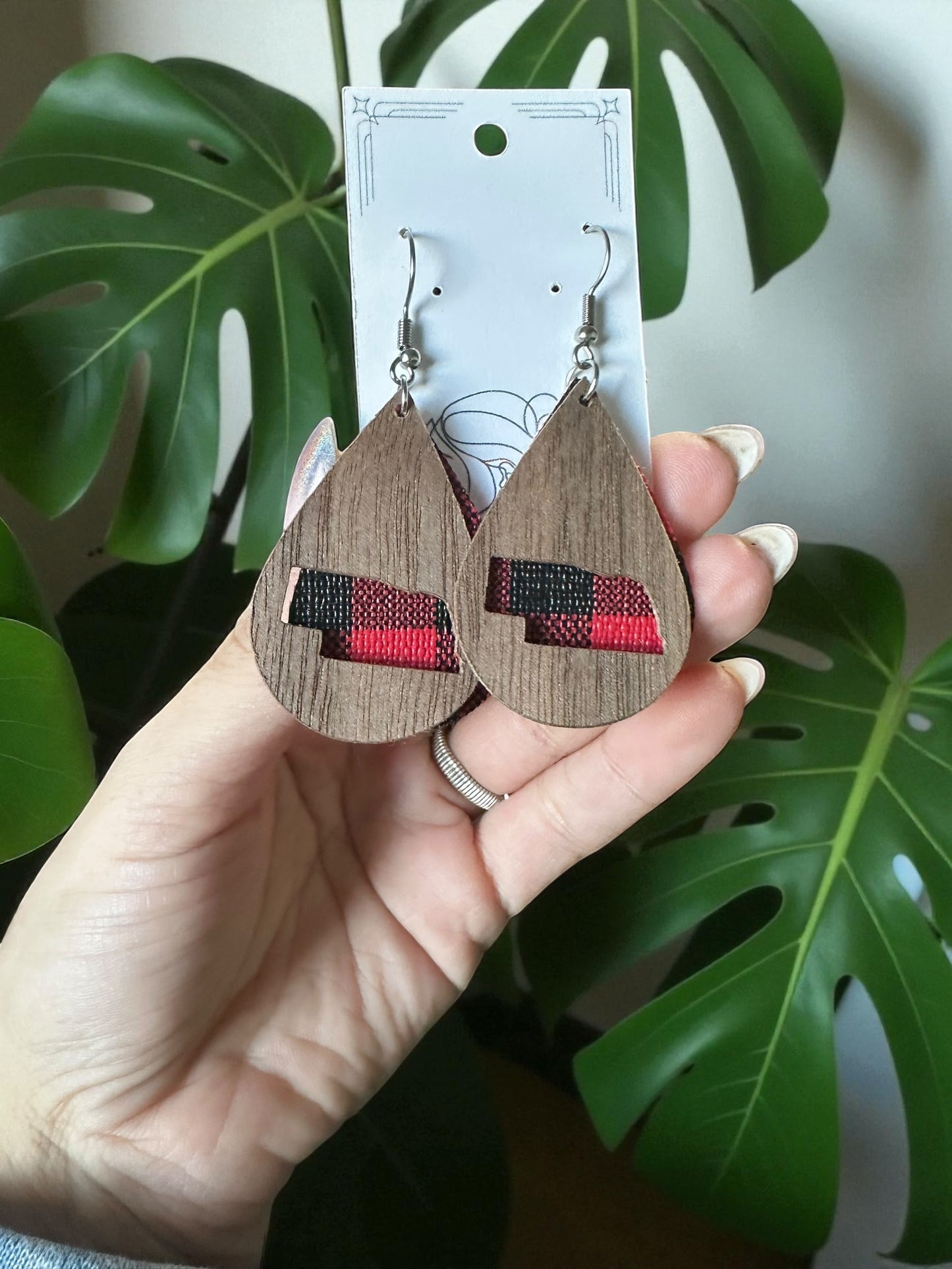 Painted | Natural Wood Hypoallergenic Nebraska Solid Huskers Go Big Red Wood Laser Engraved Wood Earrings