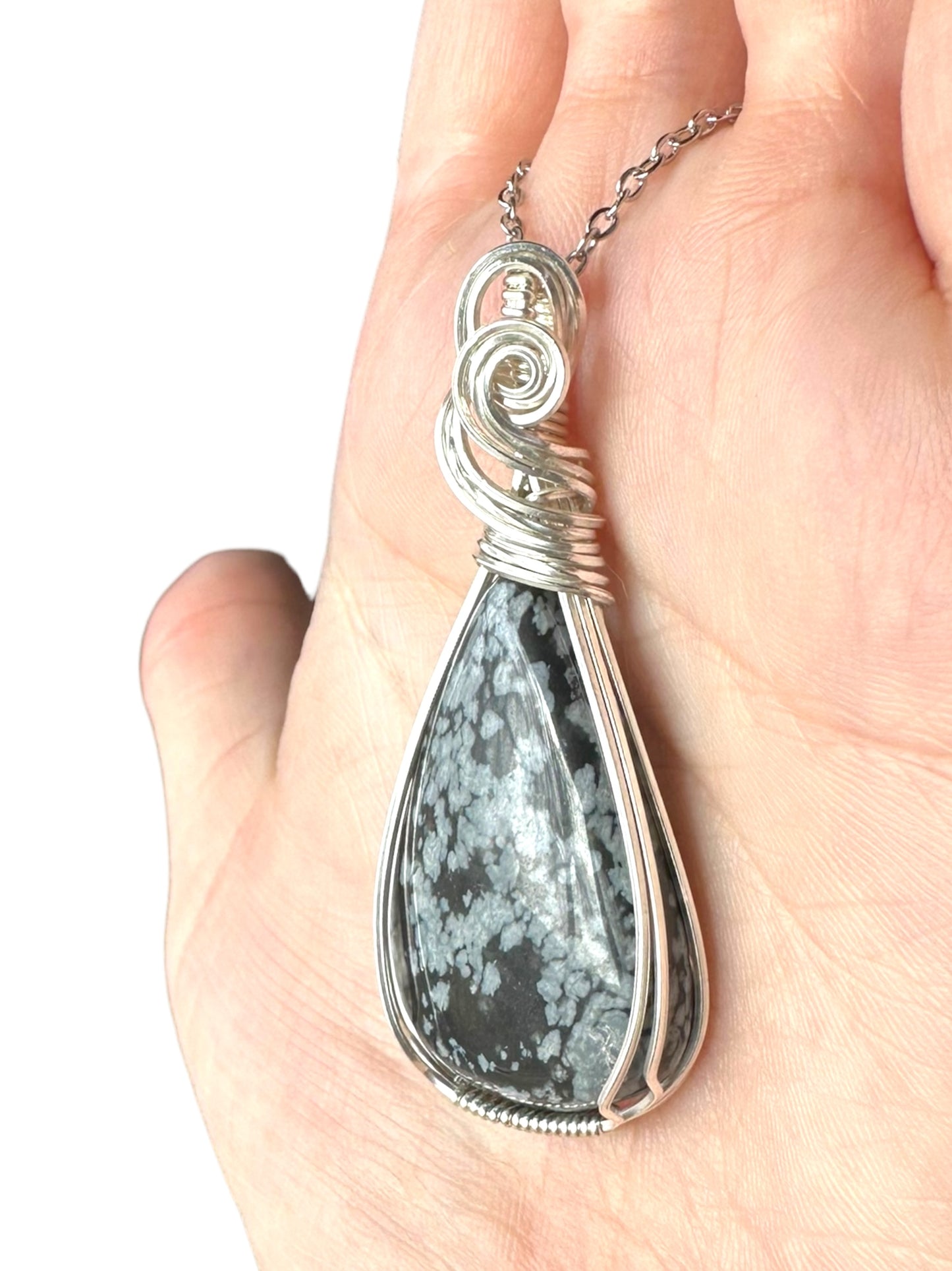 Sterling Silver Wire Wrapped Snowflake Obsidian Crystal Bezel Pendant