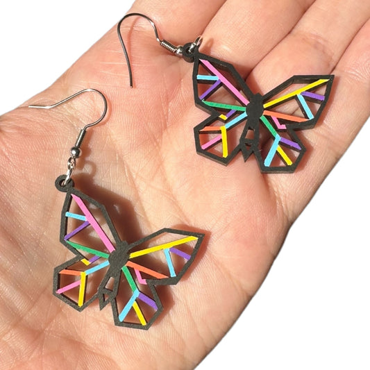 Hypoallergenic Hand Painted Stained Glass Butterfly Laser Engraved Dangle Wood Earrings