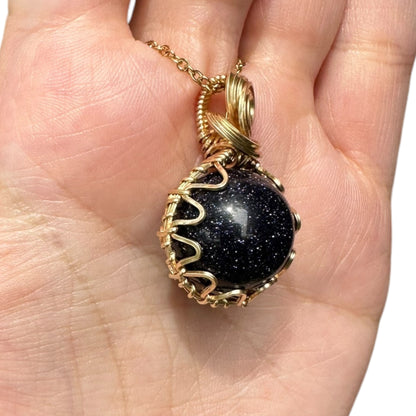 Sterling Silver | 14KT Gold Filled Wire Wrapped Blue Goldstone Crystal Fidget Bezel Pendant