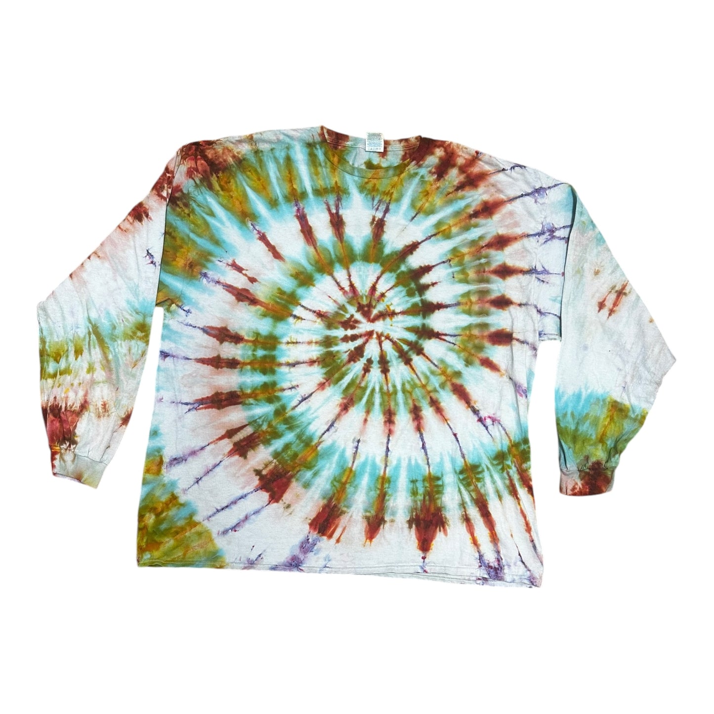 Adult Small Blue Green and Red Orange Spiral Ice Dye Tie Dye Long Sleeve T-Shirt