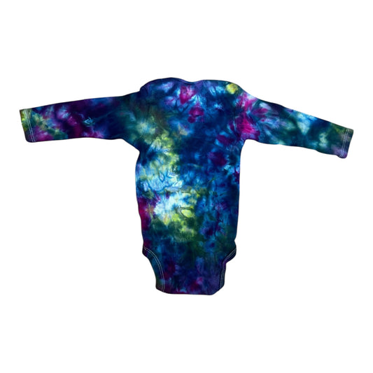 Infant 6-9 Months Purple Blue Yellow and Green Spiral Ice Dye Tie Dye Long Sleeve Onesie