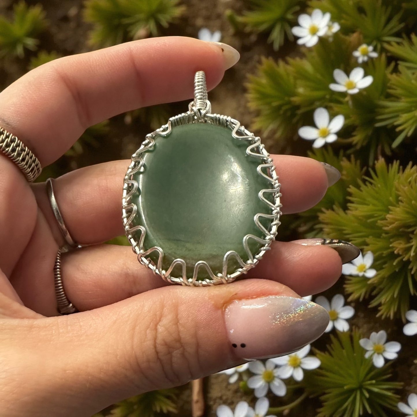 Sterling Silver Wire Wrapped Jade Worry Stone Crystal Pendant