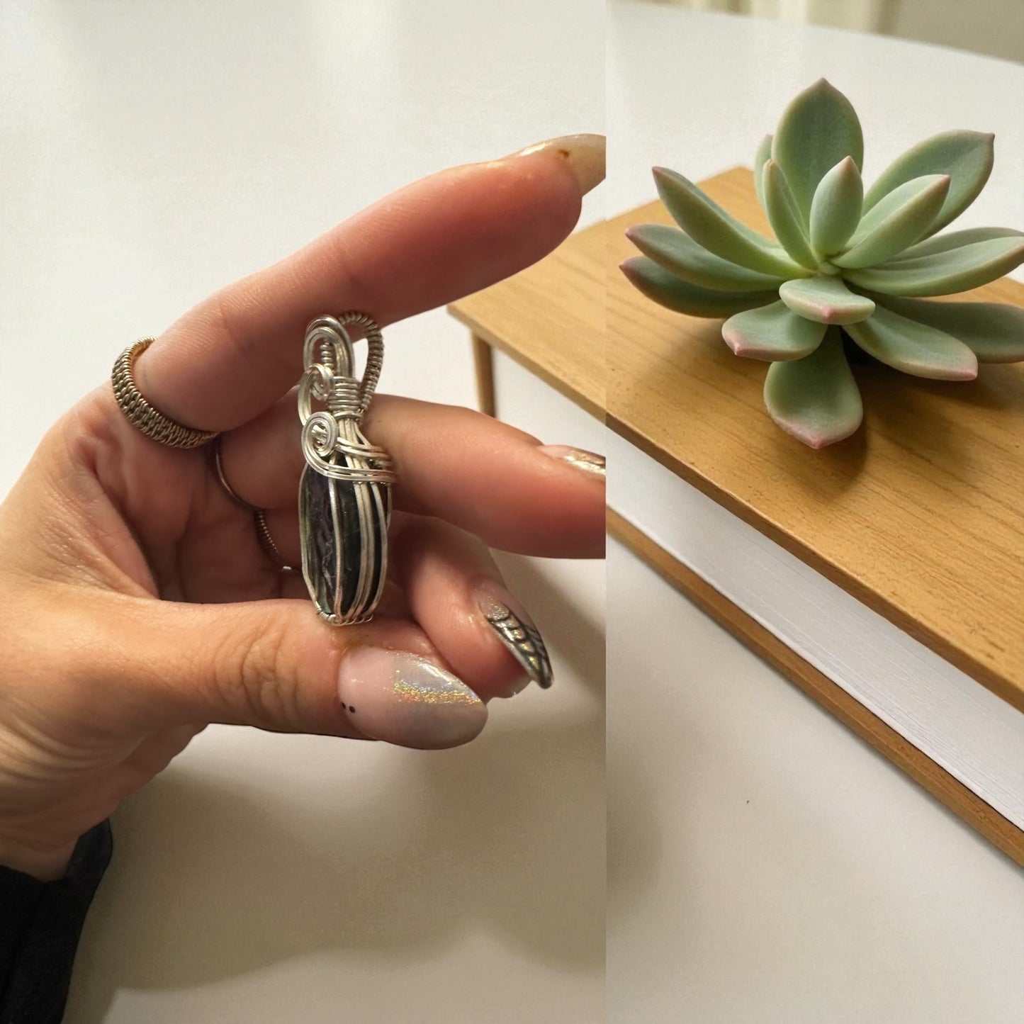 Sterling Silver Wire Wrapped Abalone Shell Crystal Bezel Pendant