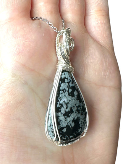 Sterling Silver Wire Wrapped Snowflake Obsidian Crystal Bezel Pendant