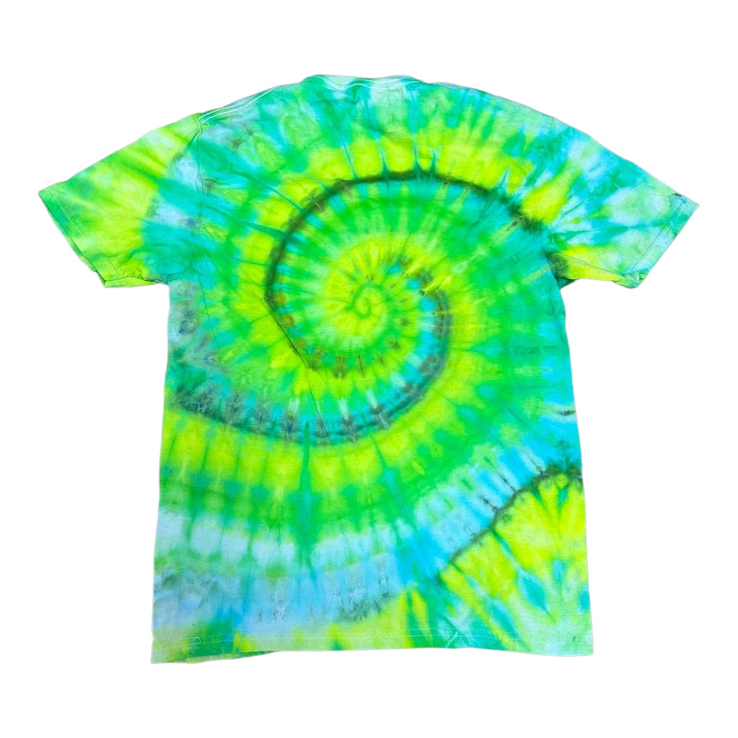 Adult Medium Green Blue and Yellow Spiral Ice Dye Tie Dye Shirt