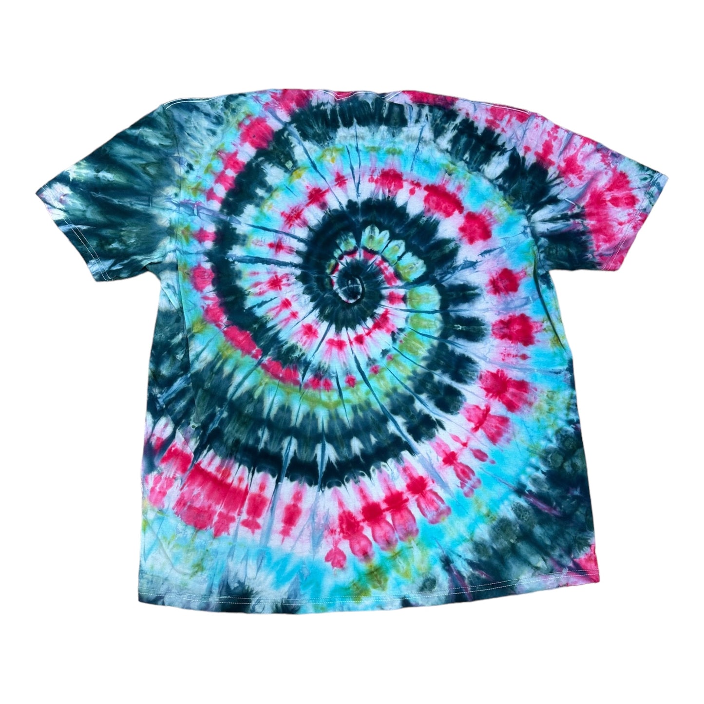 Adult 2XL Purple Blue Green and Yellow Spiral Ice Dye Tie Dye T-Shirt