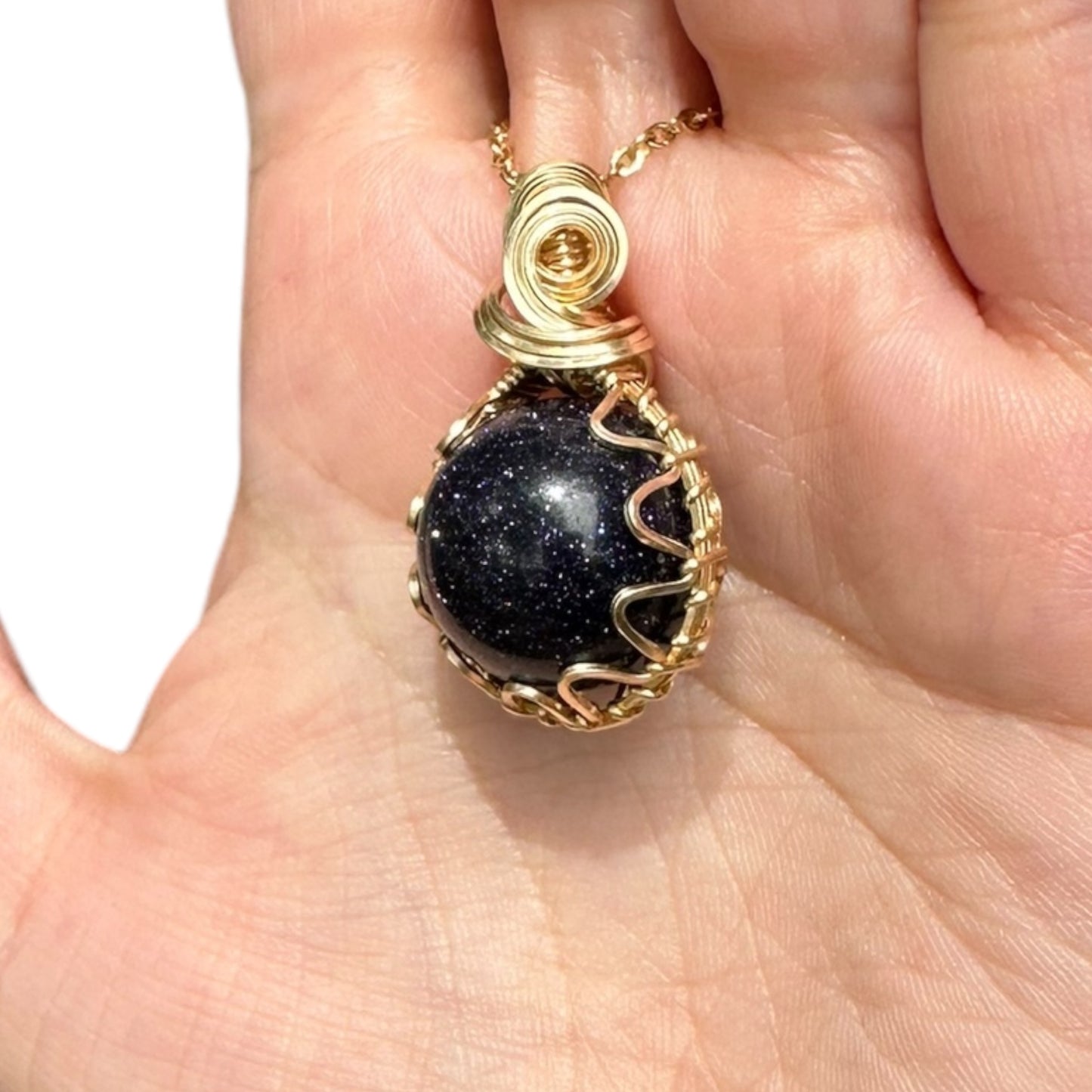 Sterling Silver | 14KT Gold Filled Wire Wrapped Blue Goldstone Crystal Fidget Bezel Pendant