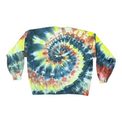 Adult 3XL Black Yellow and Reddish Orange Spiral Ice Tie Dye Crewneck Sweater