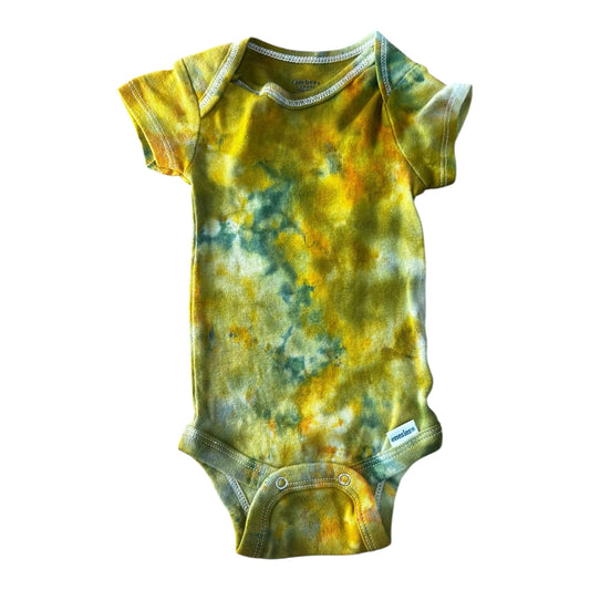 Infant 0-3 Months Green and Yellow Scrunch Ice Dye Tie Dye Onesie