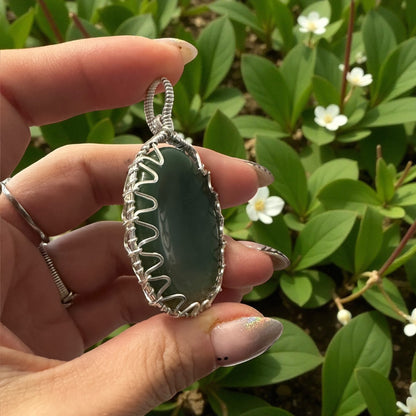 Sterling Silver Wire Wrapped Jade Worry Stone Crystal Pendant