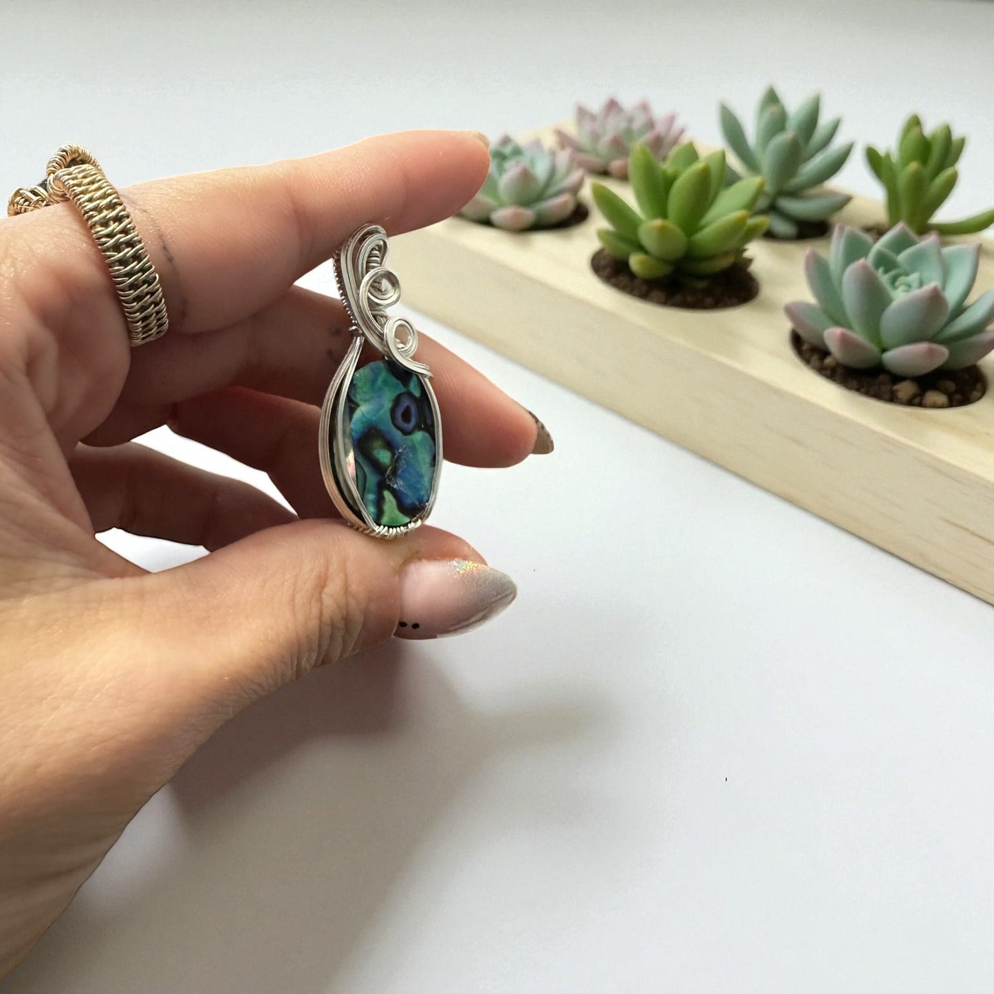 Sterling Silver Wire Wrapped Abalone Shell Crystal Bezel Pendant