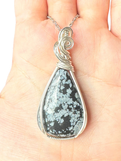 Sterling Silver Wire Wrapped Snowflake Obsidian Crystal Bezel Pendant