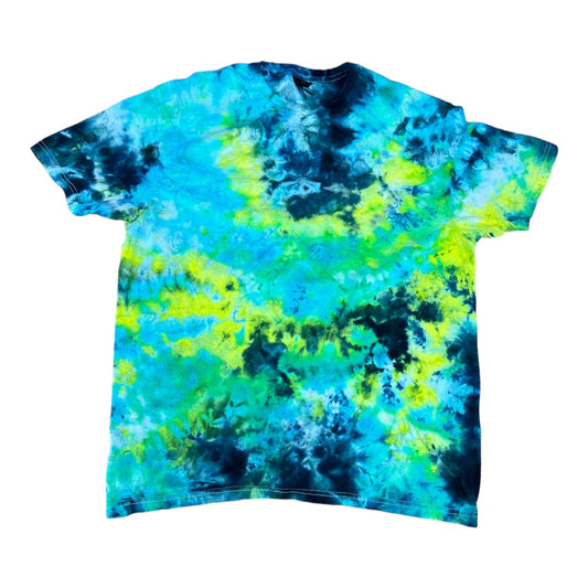 Adult Large Blue Black and Yellow Green Scrunch Ice Dye Tie Dye Shirt