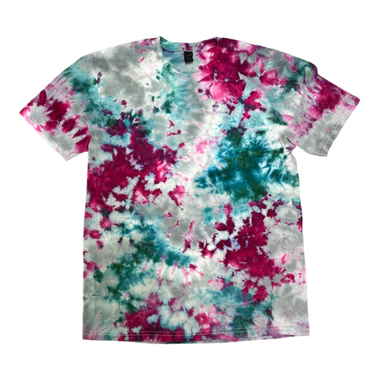 Adult Large Teal Gray and Fuchsia Scrunch Ice Dye Tie Dye Shirt