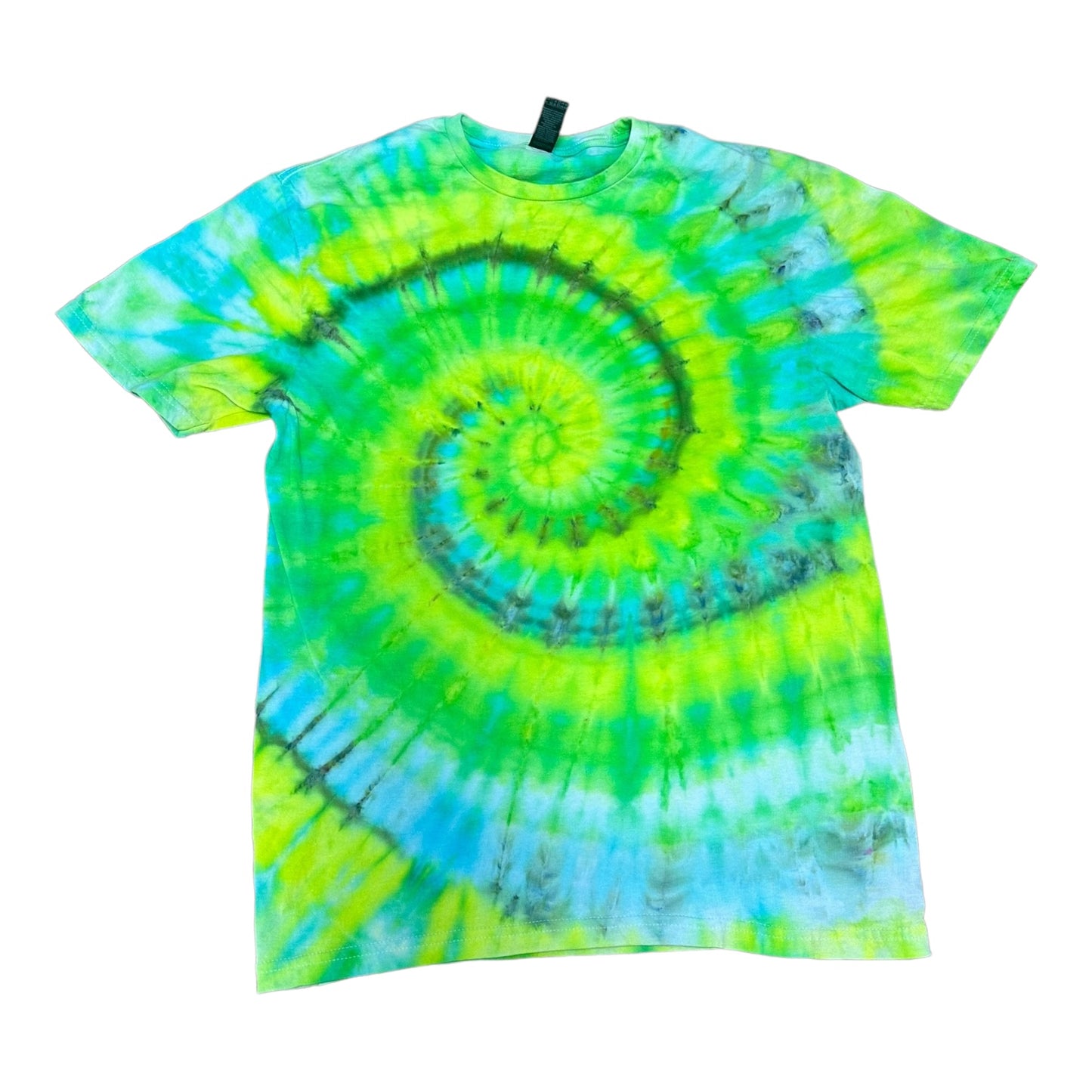 Adult Medium Green Blue and Yellow Spiral Ice Dye Tie Dye Shirt