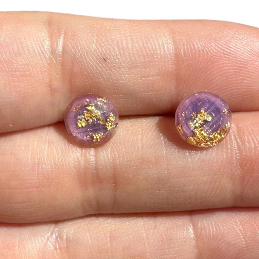 8MM Hypoallergenic Purple and Gold Leaf Faceted Epoxy Resin Earrings