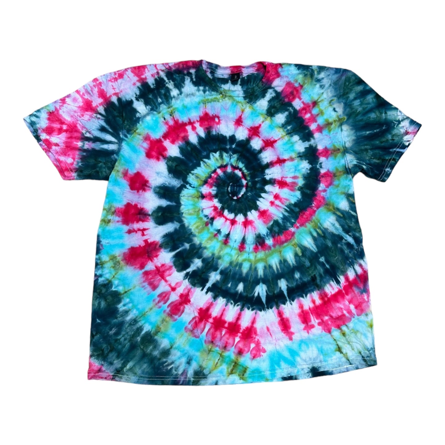 Adult 2XL Purple Blue Green and Yellow Spiral Ice Dye Tie Dye T-Shirt