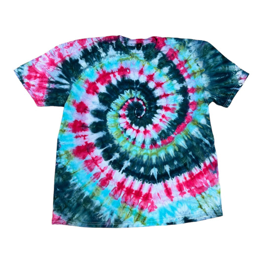 Adult 2XL Hot Pink Blue Green and Teal Spiral Ice Dye Tie Dye TShirt