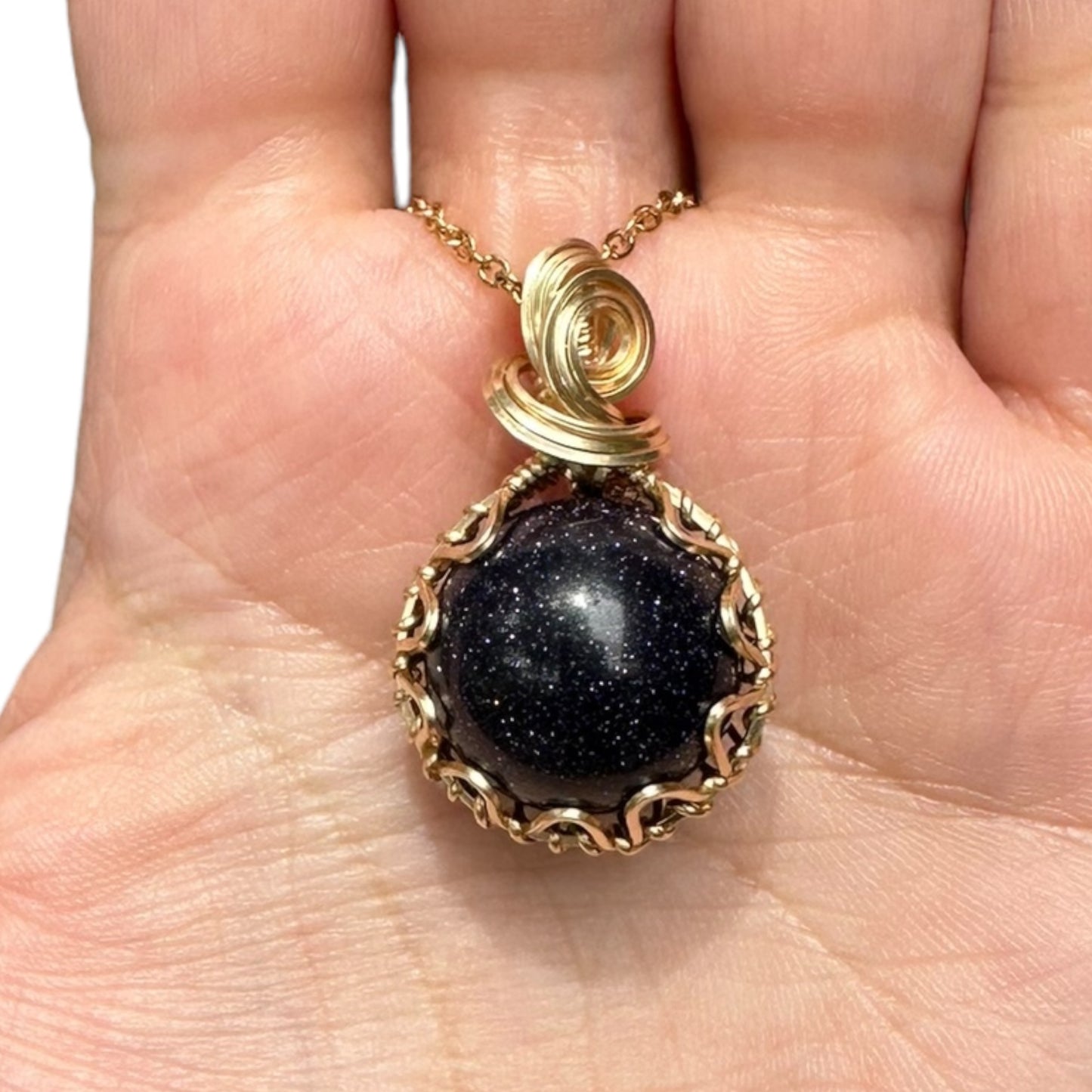 Sterling Silver | 14KT Gold Filled Wire Wrapped Blue Goldstone Crystal Fidget Bezel Pendant