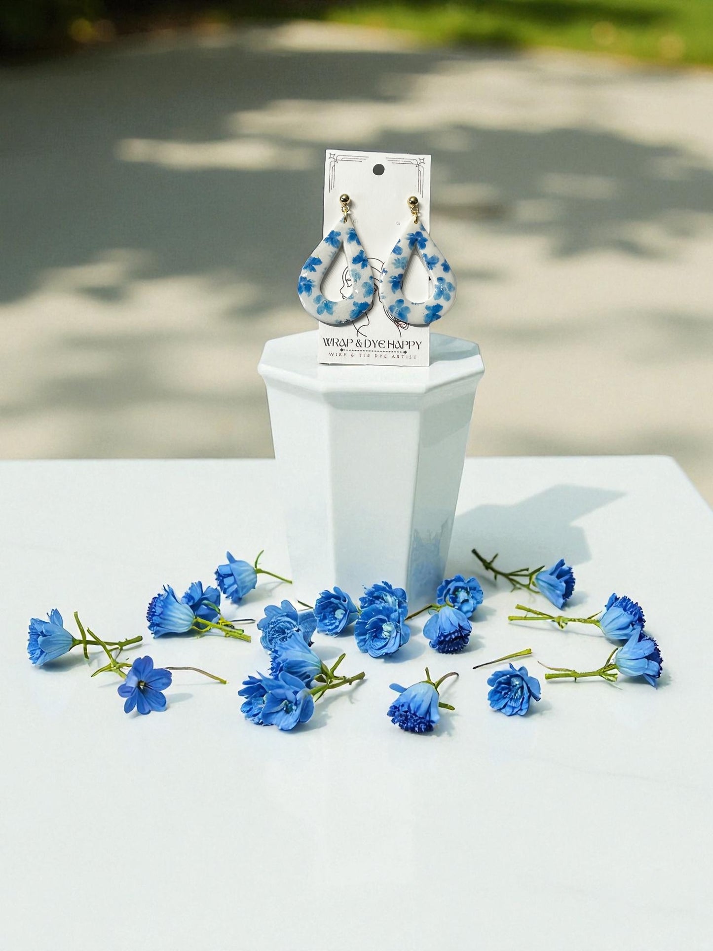 Hypoallergenic Blue Wildflower Floral Teardrop Clay Dangle Earrings