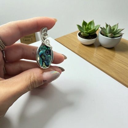 Sterling Silver Wire Wrapped Abalone Shell Crystal Bezel Pendant