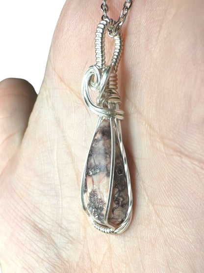 Sterling Silver Wire Wrapped Bird's Eye Jasper Crystal Bezel Pendant