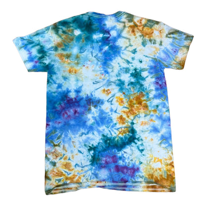 Adult Small Golden Yellow Blue Purple and Teal Scrunch Ice Dye Tie Dye Shirt