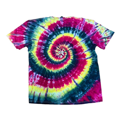 Adult XL Black Yellow and Fuchsia Spiral Ice Dye Tie Dye T-Shirt