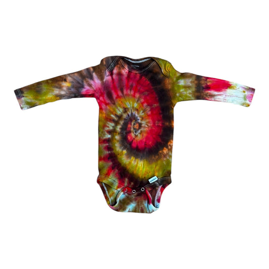 Infant 6-9 Months Brown Red and Green Spiral Ice Dye Tie Dye Long Sleeve Onesie