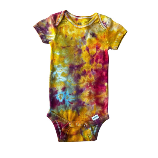 Infant 6-9 Months Red Yellow Blue and Green Scrunch Ice Dye Tie Dye Onesie