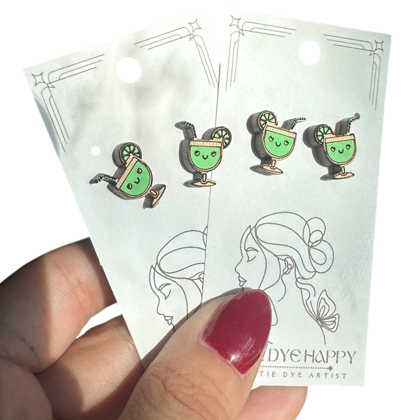 Hypoallergenic Hand Painted Margaritas Laser Engraved Wood Stud Earrings