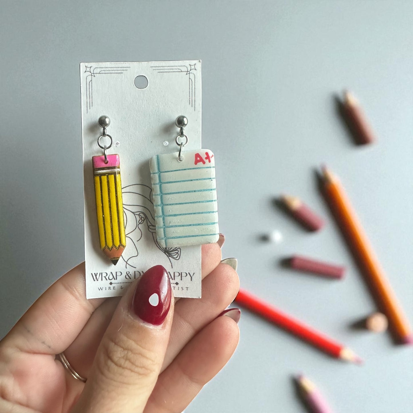 Hypoallergenic Clay Homework and Pencil Dangle Earrings