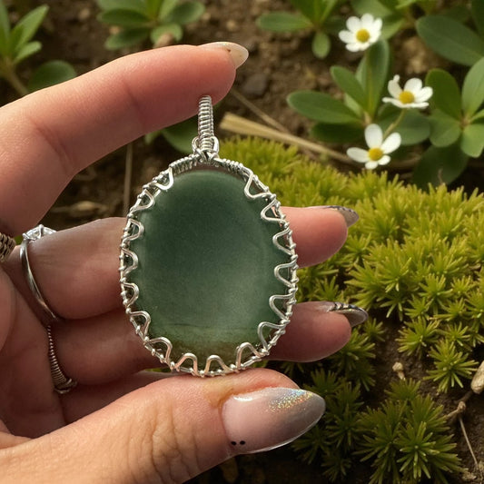 Sterling Silver Wire Wrapped Jade Worry Stone Crystal Pendant