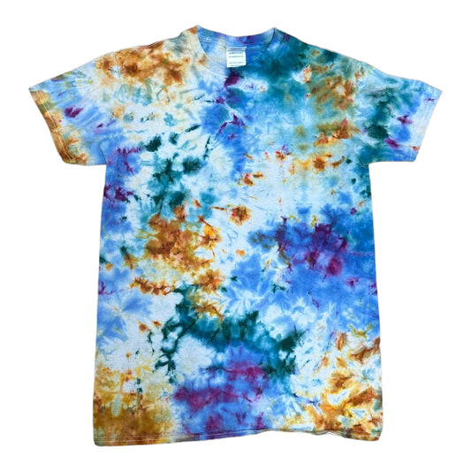 Adult Small Golden Yellow Blue Purple and Teal Scrunch Ice Dye Tie Dye Shirt