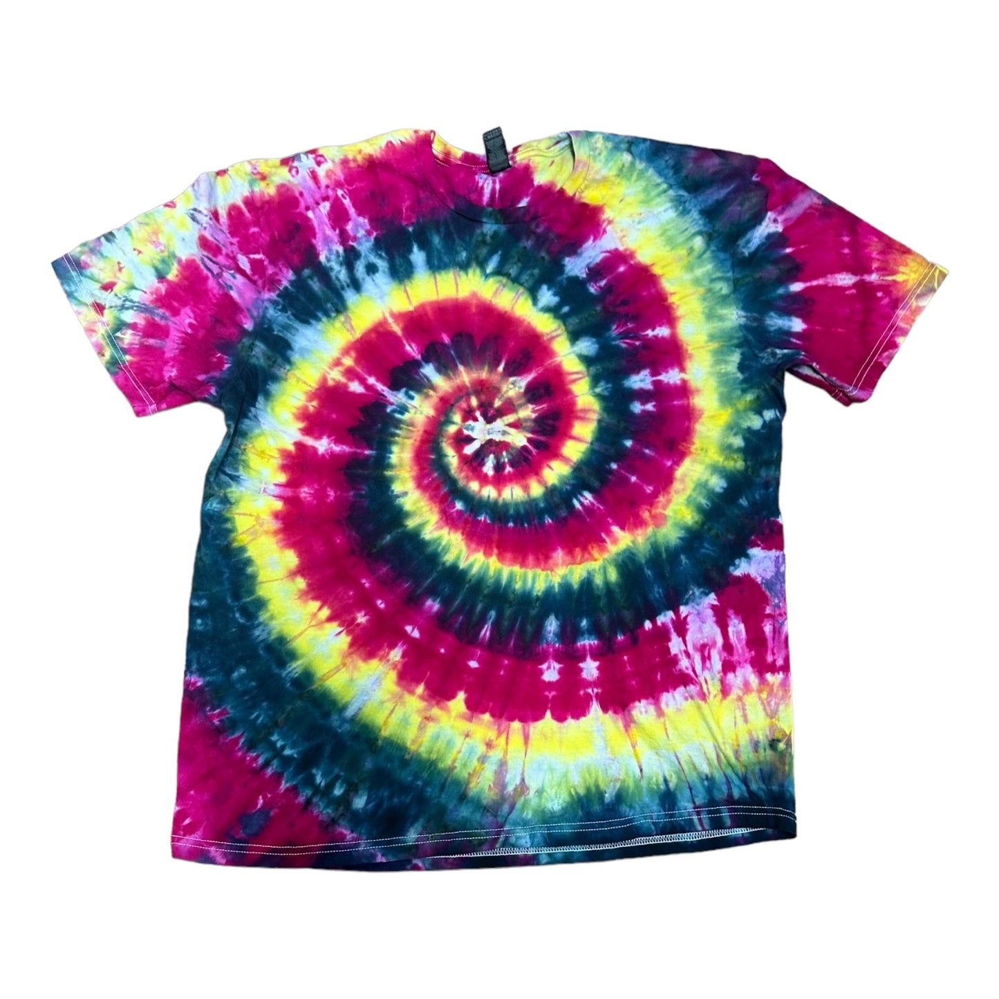 Adult XL Black Yellow and Fuchsia Spiral Ice Dye Tie Dye T-Shirt