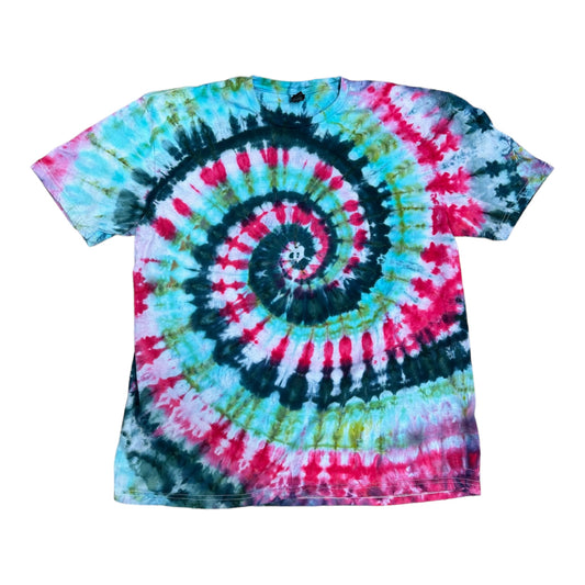 Adult XL Hot Pink Blue Green and Teal Spiral Ice Dye Tie Dye TShirt