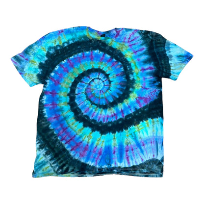 Adult XL Purple Green Golden Black Yellow and Blue Spiral Ice Dye Tie Dye Shirt