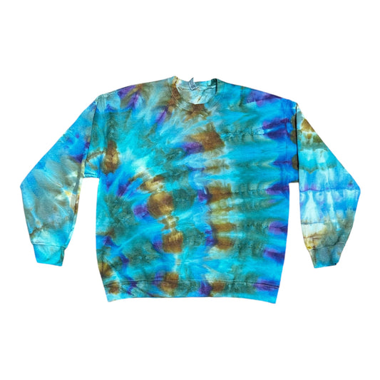 Adult XL Gold Blue Green and Teal Spiral Ice Tie Dye Crewneck Sweater