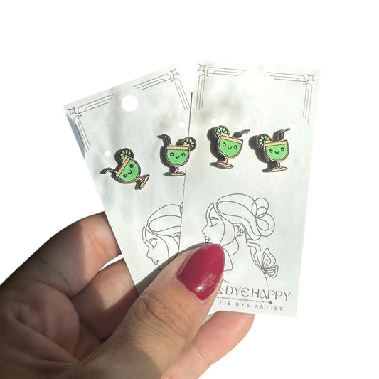 Hypoallergenic Hand Painted Margaritas Laser Engraved Wood Stud Earrings