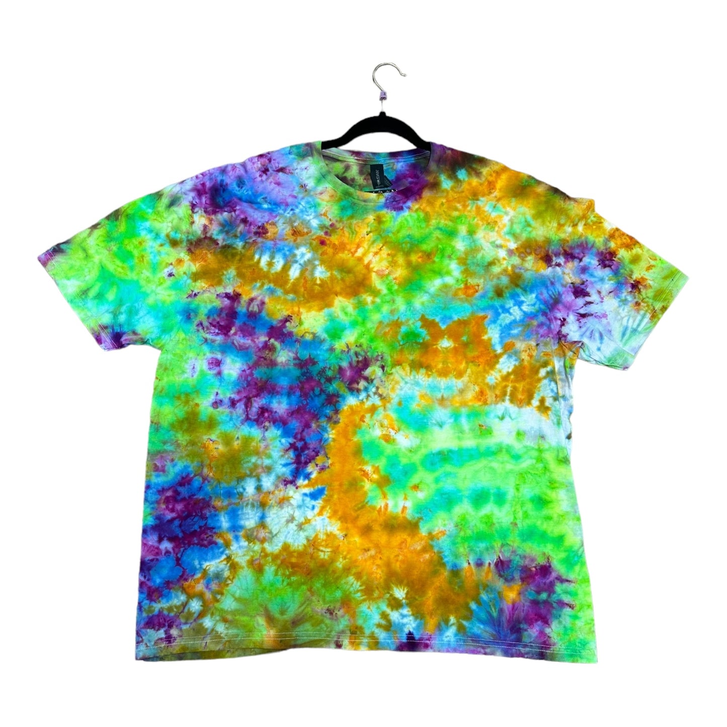 Adult 2XL Golden Yellow Lime Green Blue and Purple Scrunch Ice Dye Tie Dye Shirt