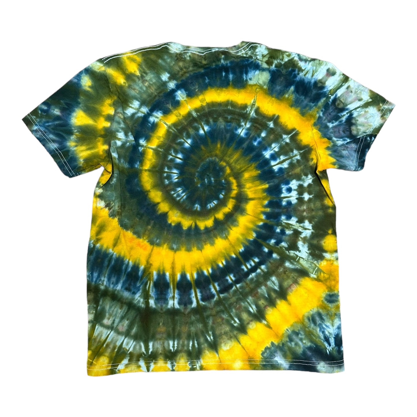 Adult Medium Yellow Blue and Green Spiral Ice Dye Tie Dye Shirt