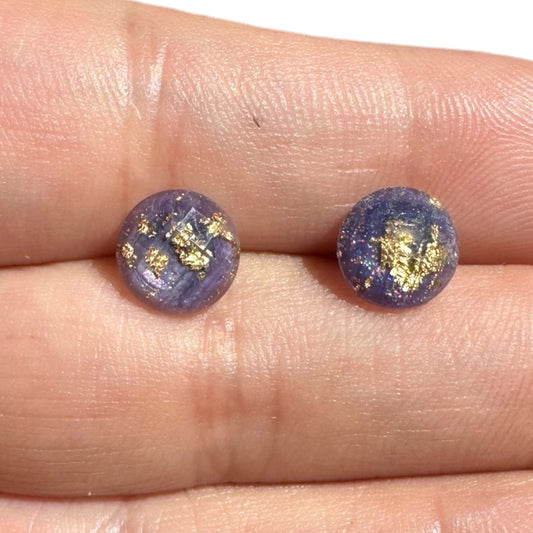 8MM Hypoallergenic Dark Purple and Gold Leaf Faceted Epoxy Resin Earrings