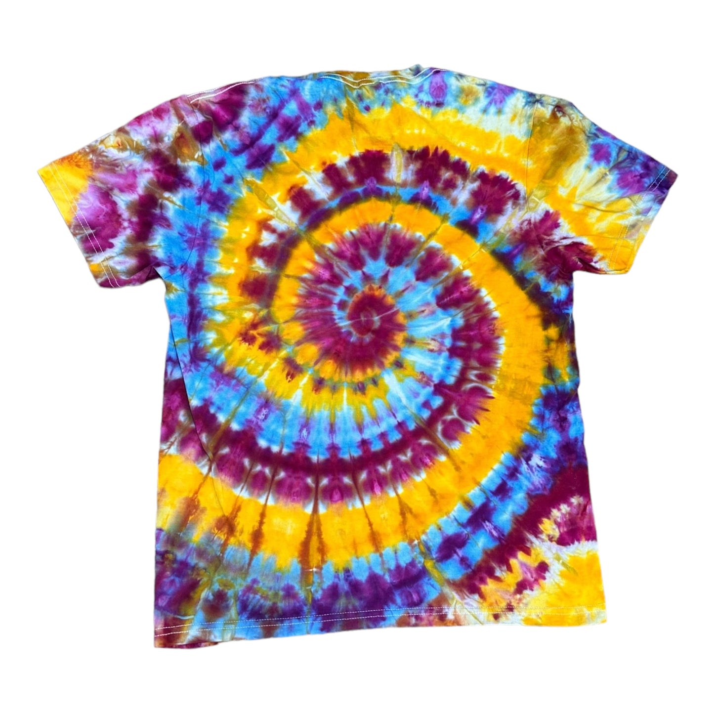 Adult Medium Blue Yellow Maroon and Purple Spiral Ice Dye Tie Dye Shirt