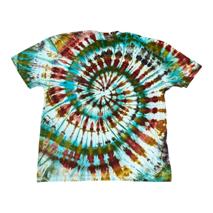 Adult 2XL Green Yellow Redish Orange and Blue Spiral Ice Dye Tie Dye Shirt